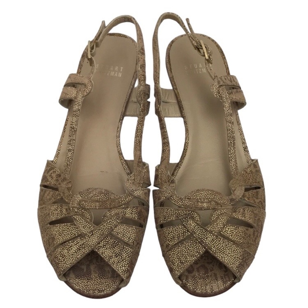 STUART WEITZMAN Metallic Gold Suede Animal Print Flats Sandals